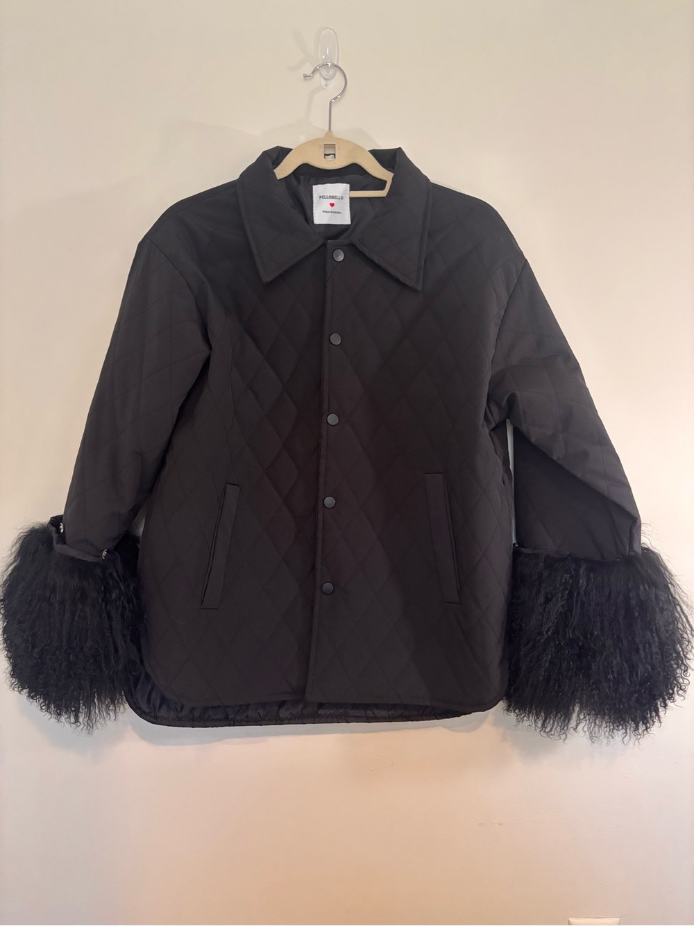 Pellobello Black Quilted Jacket Genuine Fur Cuffs